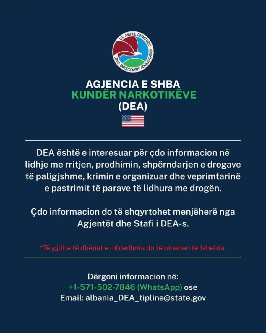 Ambasada amerikane në Tiranë bën thirrje për bashkëpunim në luftën kundër drogës dhe pastrimit të parave: Informoni DEA-n