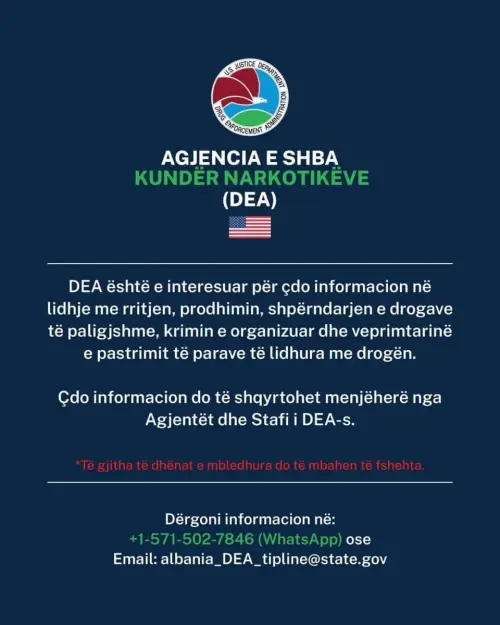 Ambasada amerikane në Tiranë bën thirrje për bashkëpunim në luftën kundër drogës dhe pastrimit të parave: Informoni DEA-n
