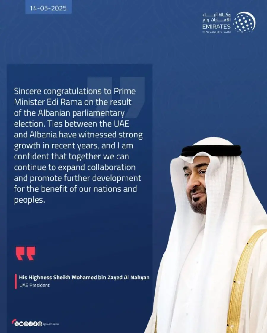 Kreu i Emirateve të Bashkuara uron Ramën: Të forcojmë bashkëpunimin për mirëqenien e qytetarëve tanë